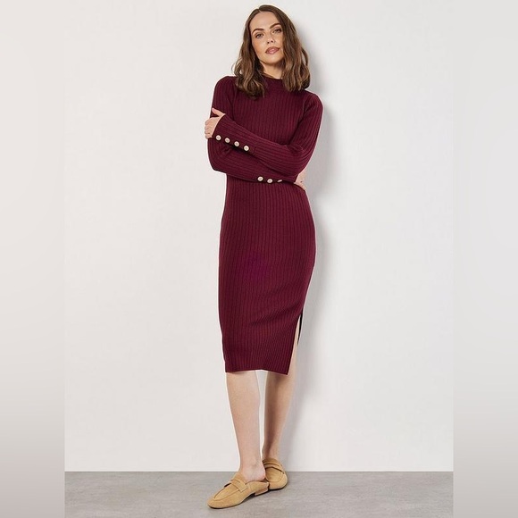 🔥SO ♥️🔥 Apricot - Ribbed Knit Gold Button Midi Dress - Picture 1 of 5